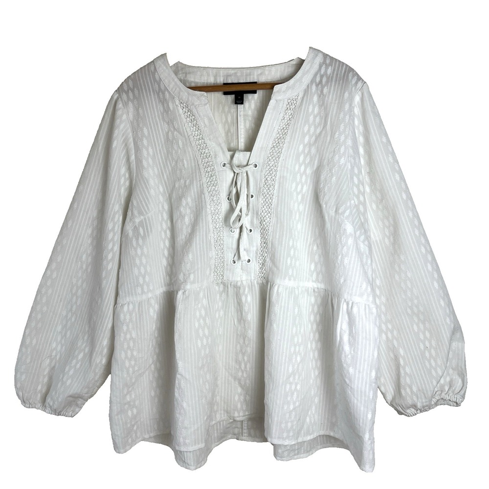 Lane Bryant Women's Top Size 16‎ White Peasant Prairie Boho Balloon Sleeves Lace